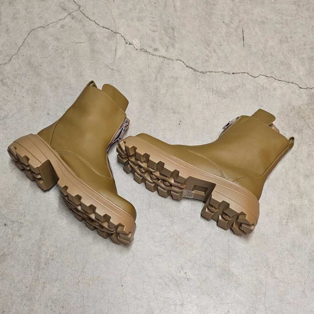 Chunky Sole Olive Green Leather Ankle Boots With Front Zipper And Lug Outsole Fo - Picture 2 of 8